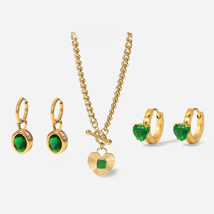 Wholesale Stainless Steel Natural Stone Jewelry Set Simple 18K Gold Plated Zircon Earrings Necklaces Rings Jewelry Set Women