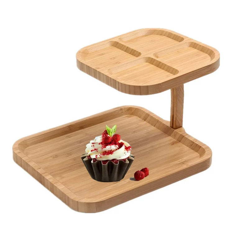 High quality square natural wooden cake stand 2 tier tray bamboo dessert tray