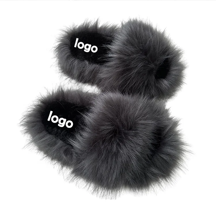 New Fur Plush Slippers Unisex Winter Outdoor Custom Warm Slippers Imitation Raccoon Fur Ladies Slippers