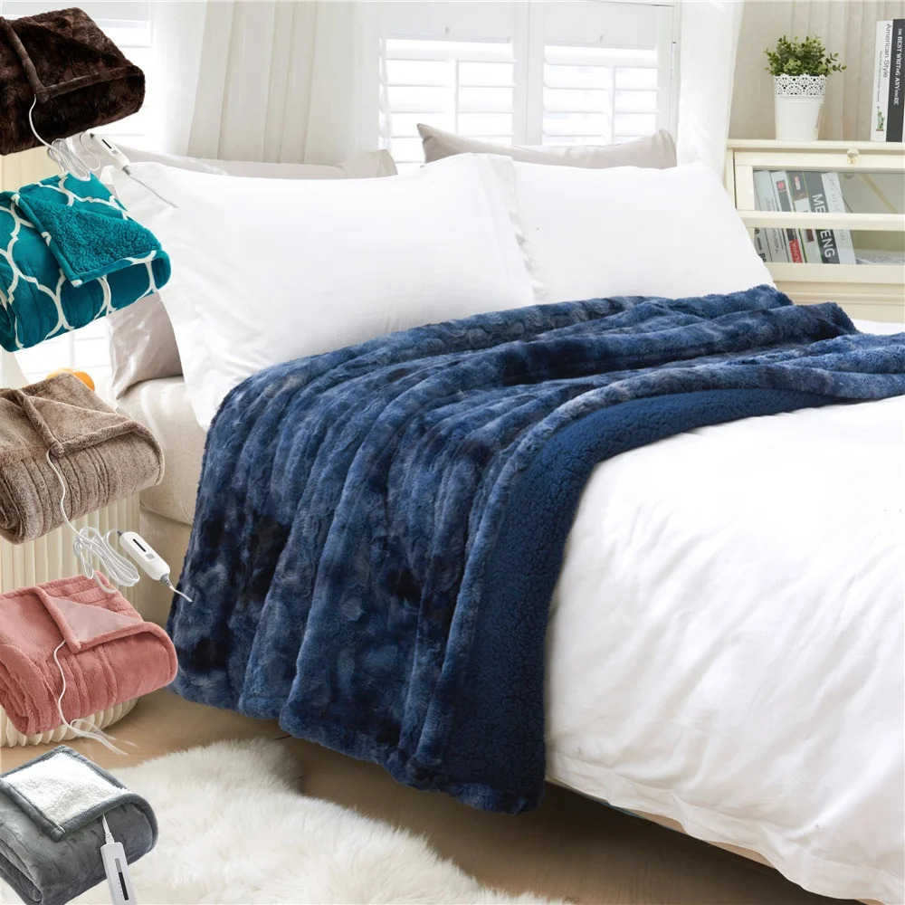 2024 chunky heavy tie dye rabbit hair mink fleece warm bed Washable Electric over under Throw Heating Heated Blanket for winter
