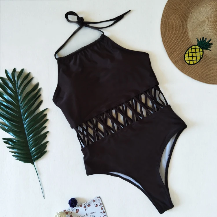 Solid color black white navy halter lace up bikini lady sexy high waisted swimming suit