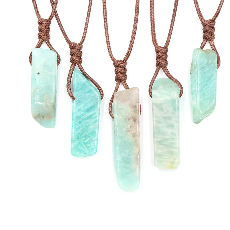 New Hot Healing Stone Handmade Knotted Waxed Rope Long Irregular Rectangle Gemstone Crystal Pendant Necklace Couple Gifts