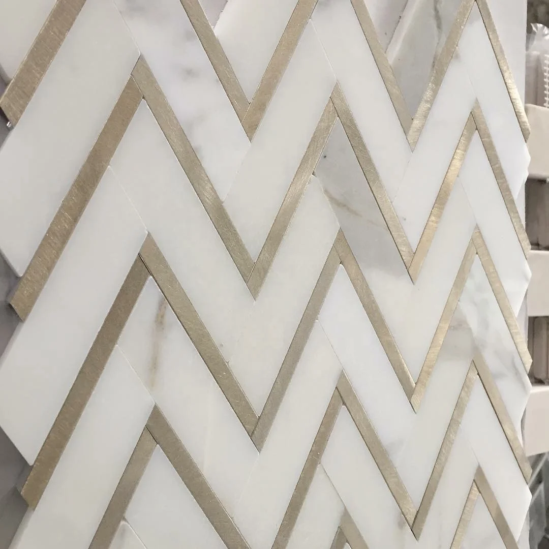 Dth stone Calacatta marble mix gold aluminium alloy chevron parquet mosaic tiles