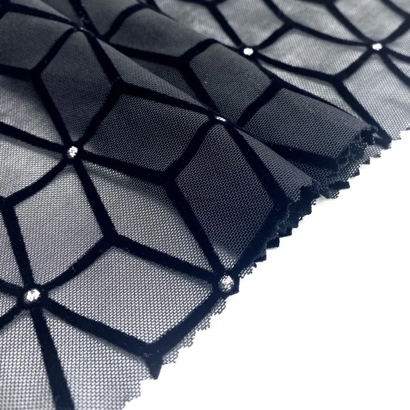 See-through spandex stretch mesh fabric flocking and shiny fabric for women sexy clothing