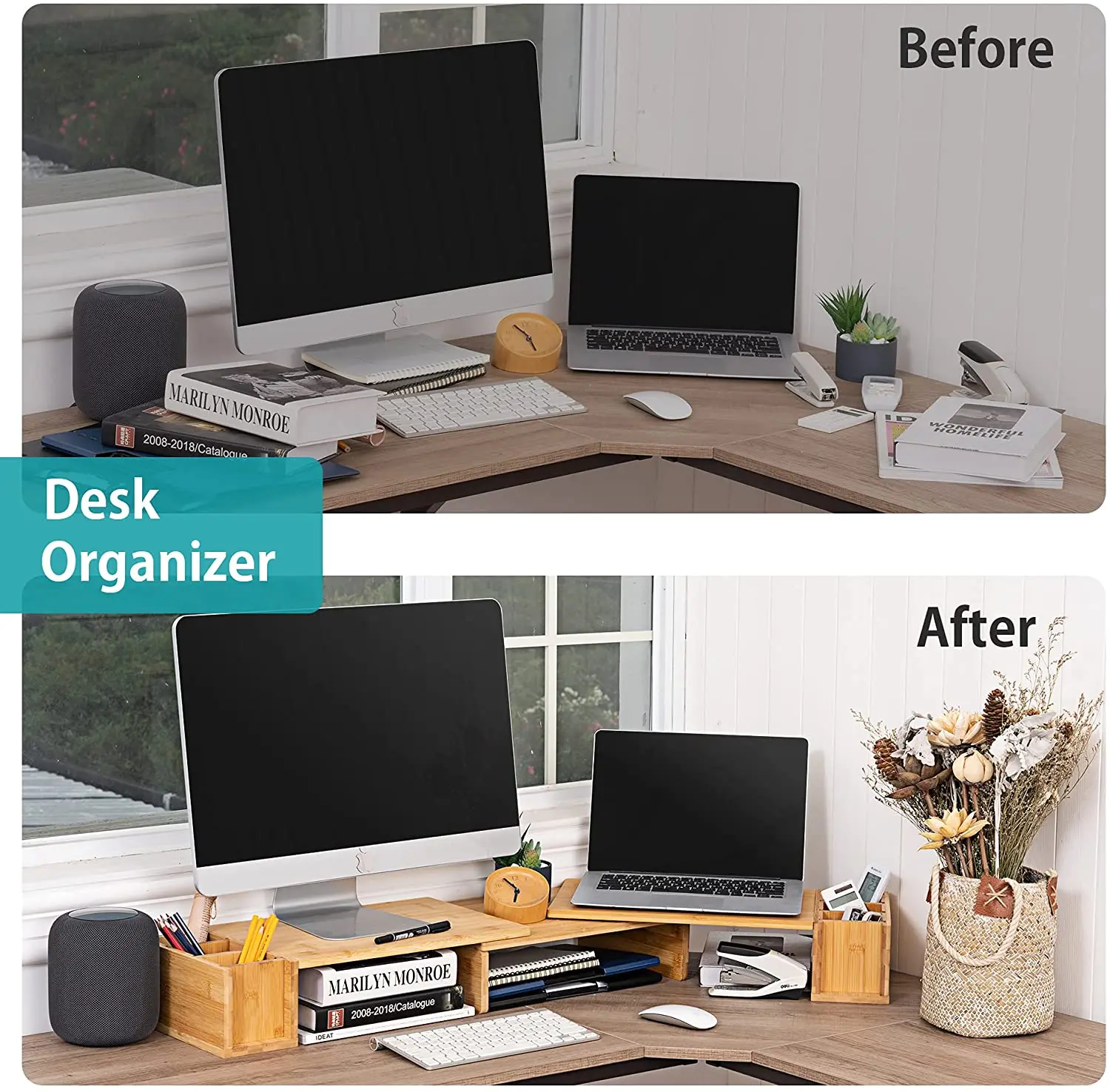 2022 Wood Bamboo Dual Computer Monitor Riser 3 Screen Laptop Stand With Storage Organiser