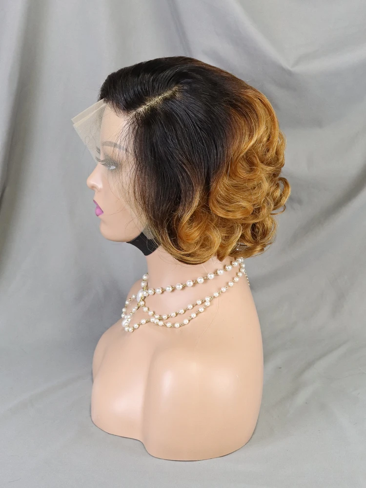 Cheap #99j Color 13x4 Lace Frontal Bob Wig Bouncy Curls Short Human Hair Wigs For Black Women Natural Pixie Cut Wig Wholesale