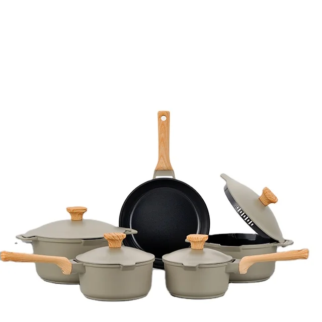 9-Piece Nostick Cast Aluminum Cookware Set Classic High-Temperature Resistant Matte Paint Sustainable Metal Ball Construction
