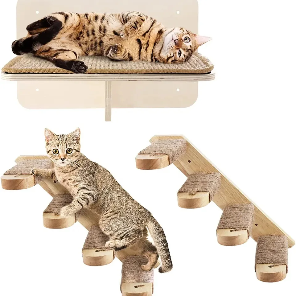 Custom wall mounted bamboo wooden cat scratching climbing tree
