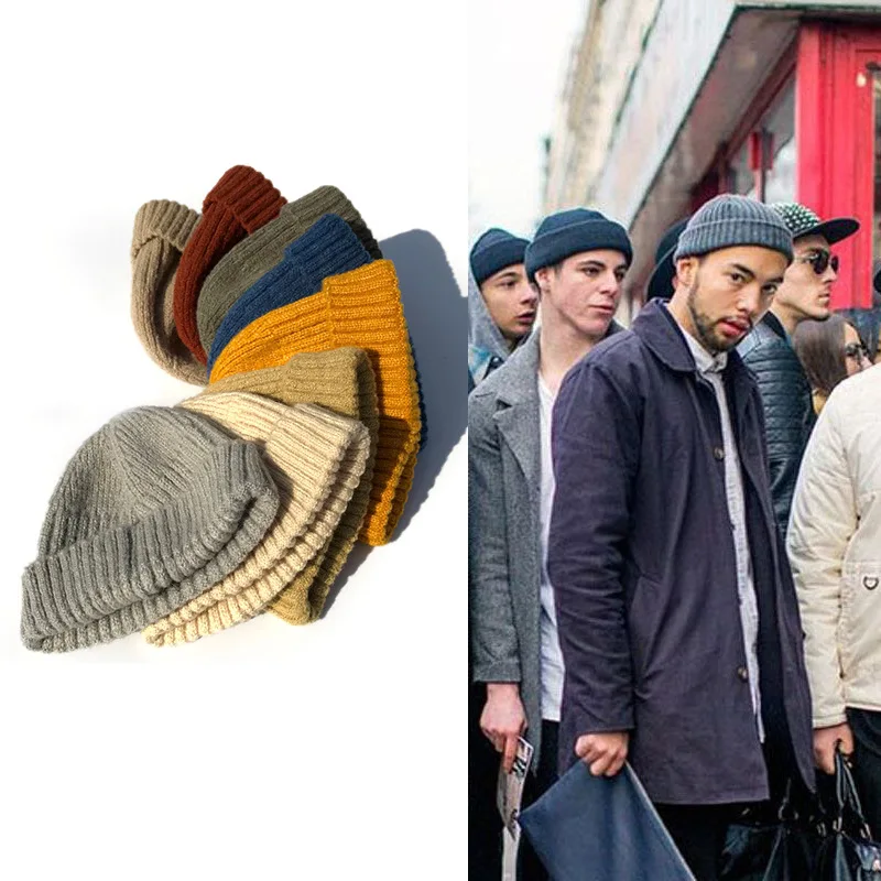 HT-0893 Autumn Vintage Quality Cotton Womens Knitted Winter Hats Hip Hop Dome Men Casual Melon Cap Winter Fisherman Hat