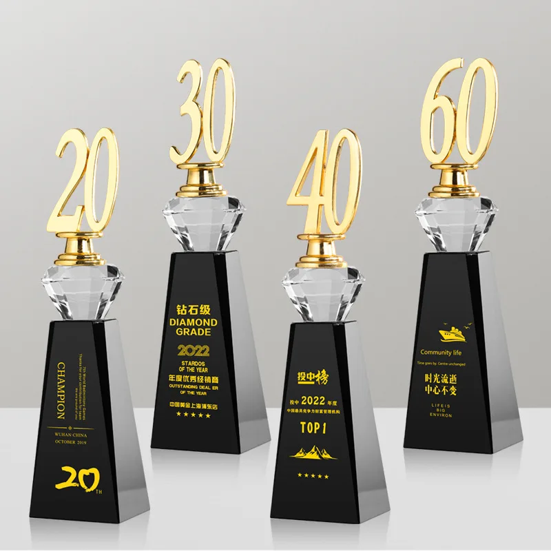 MH-NJ004 Gold Metal Number 5 10 15 20  25 30 Years Event Crystal Trophy Award With Black Base