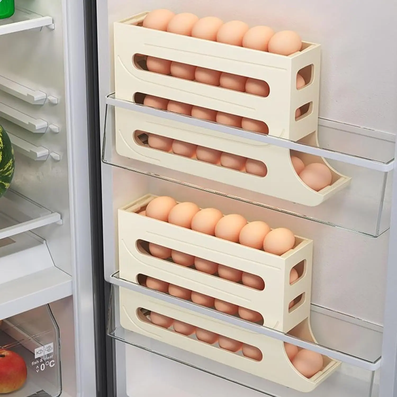 4 Tiers Egg Holder for Fridge Organizers and Storage Auto Rolling 30 Egg Carrier Crisper Space Saving Kitchen Eggs Dispenser