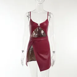 Summer Holiday Party PU Leather Red Mini Dress Sexy Hollow Cutout Suspender Miniskirt High Slit Club Dress