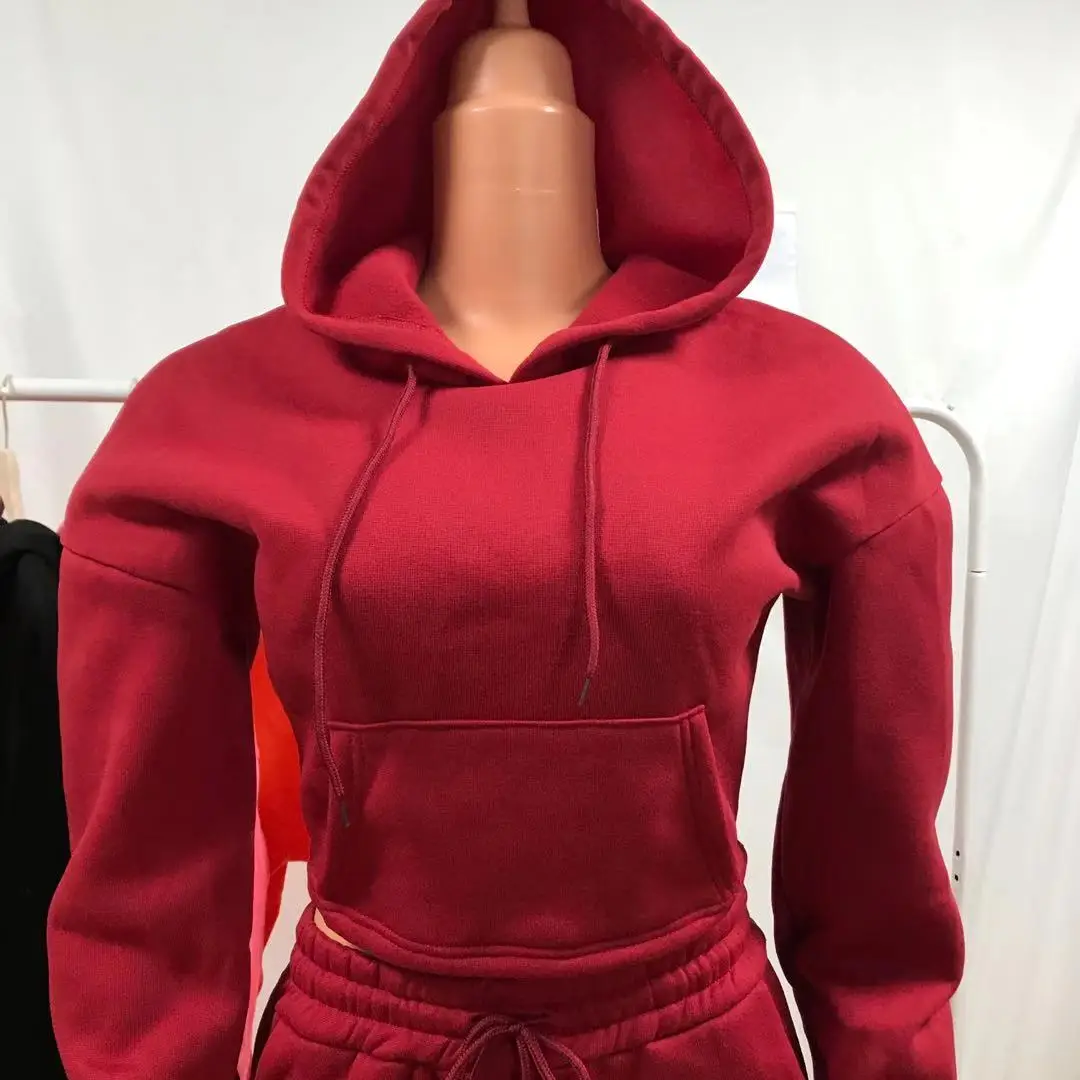 Custom Logo Side Pockets Cargo Pants Set Woman Casual Fleece Thick Crop Hoodie Joggers Stacked Sweatpants Two Piece Outfits Set