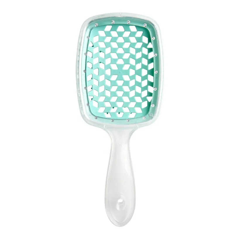 Customized logo square style hollow vented massage hair brush detangling curved hair brush with transparent handle