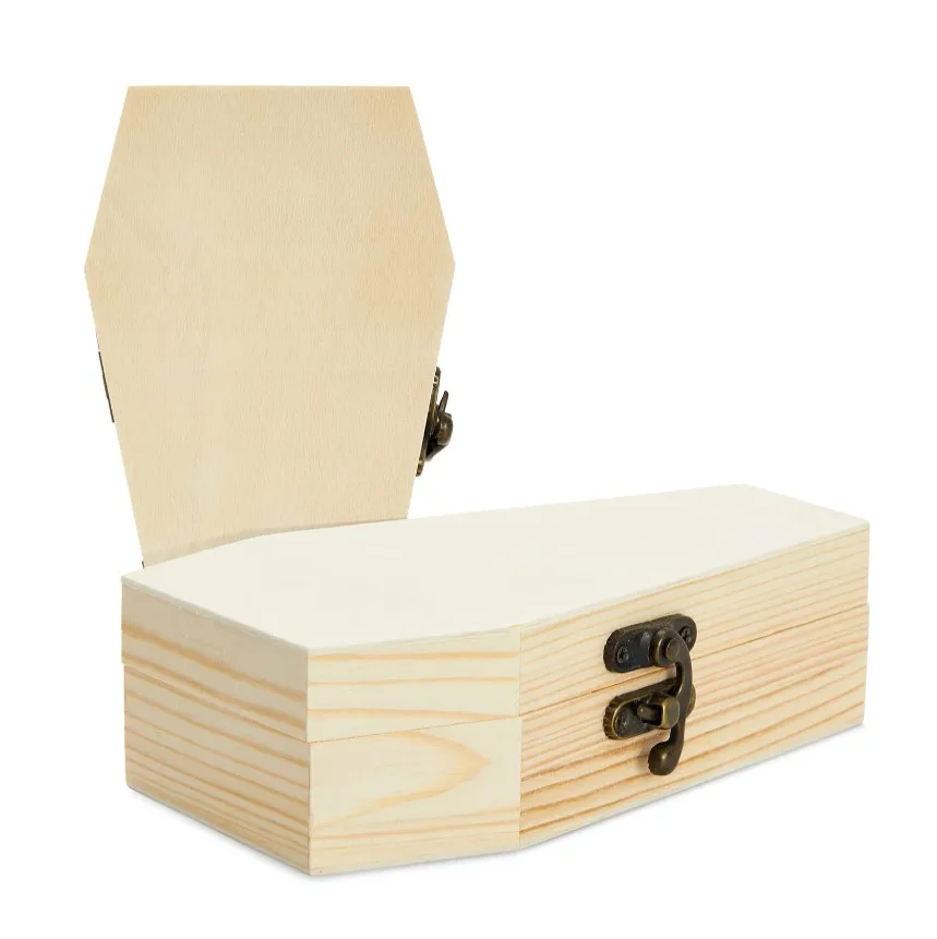 Unfinished Halloween Clamshell Jewelry Storage Box Wooden Coffin Shape Box With Hinged Lid