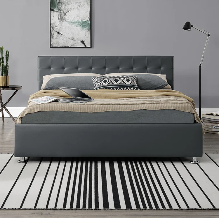 Willsoon  Indoor Furniture Morden Black faux PU leather upholstered bed with storage lit deux places