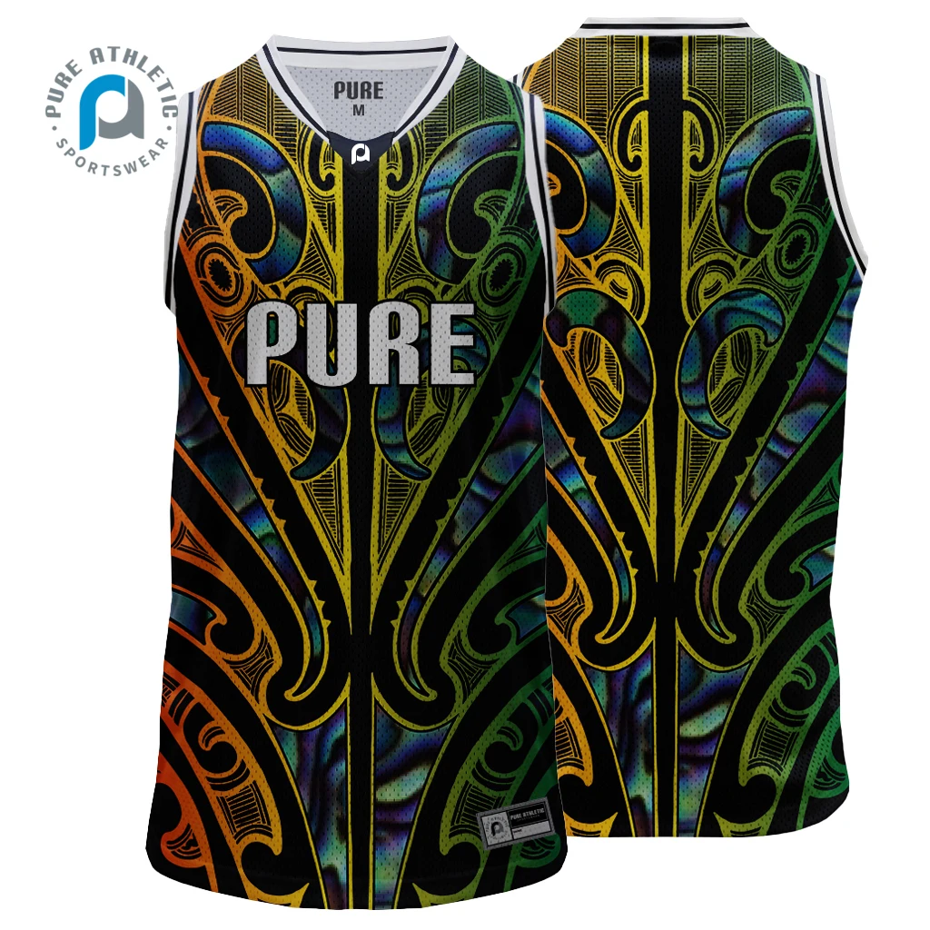 New Zealand Paua Shell basketball jersey Maori tattoo basketball singlets Sublimated custom basketball jersey uniforms Kids men