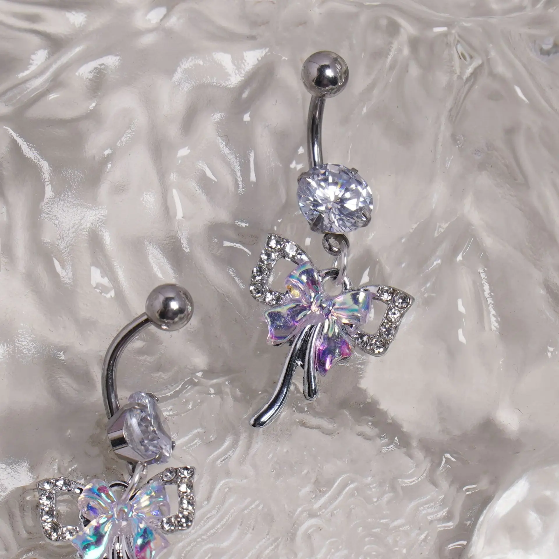 YICAI Sweet Bow Tie Navel Piercing Stainless Steel Silver Color AB Zircon Bow Dangle Belly Piercing For Women