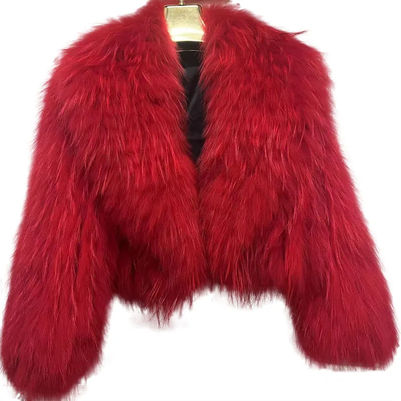 Women winter fluffy raccoon fur jackets hand made real fur knitted coats