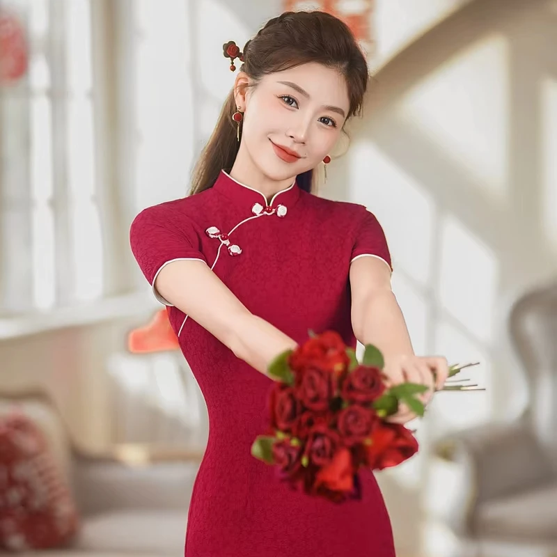 Elegant Modern Chinese Style New Summer Chinese Weeding Dress Young Banquet Dress Traditional Jacquard Fabric Cheongsam