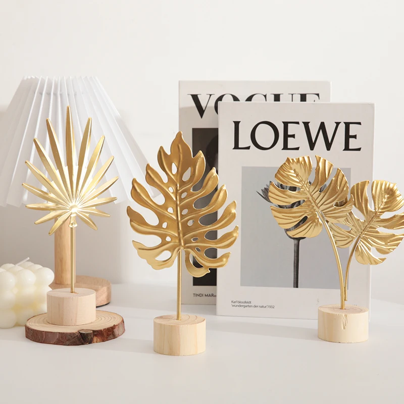 Hot Sales Leaf Statues Desktop Sculpture Ornaments Gold Home Decor For Living Room Bedroom Office Desktop With Wooden Base