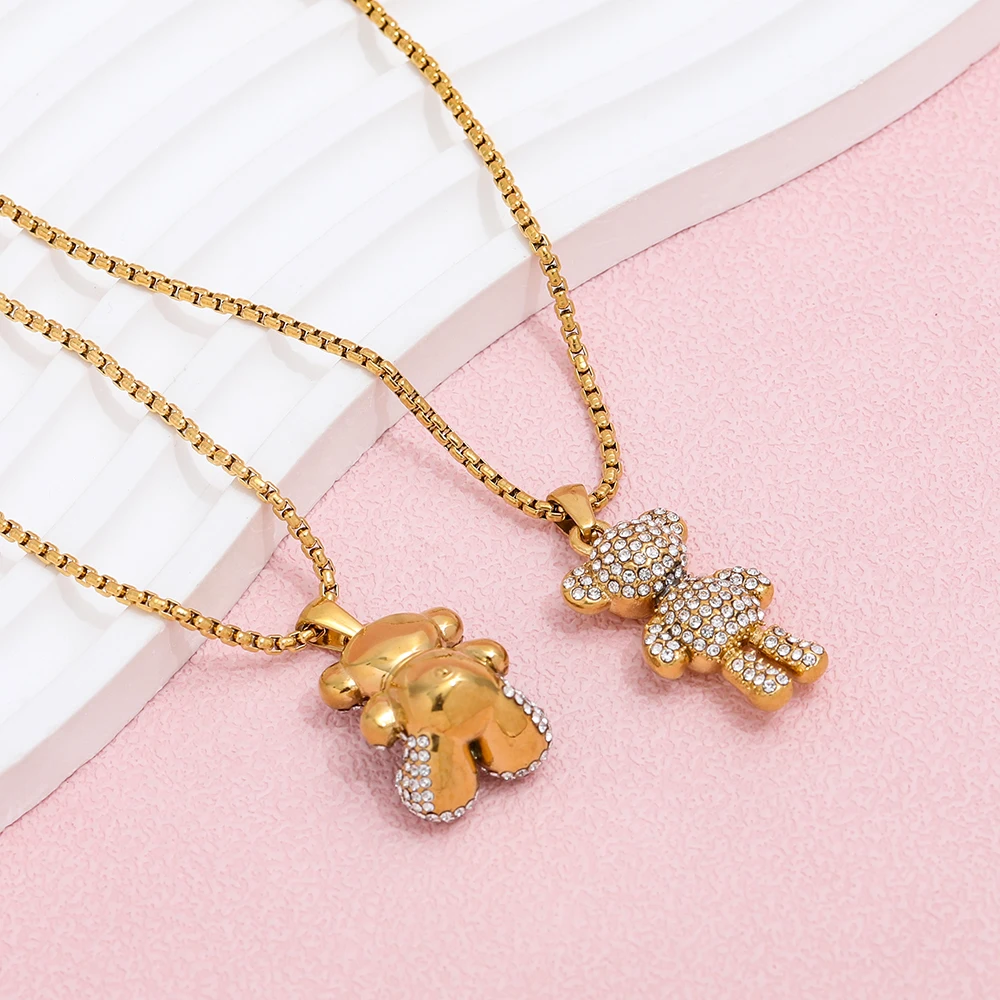 Joolim Jewelry Cute 18K PVD Gold Plated Vintage Zirconia Pave Bear Pendant Necklace Stainless Steel Jewelry for Women