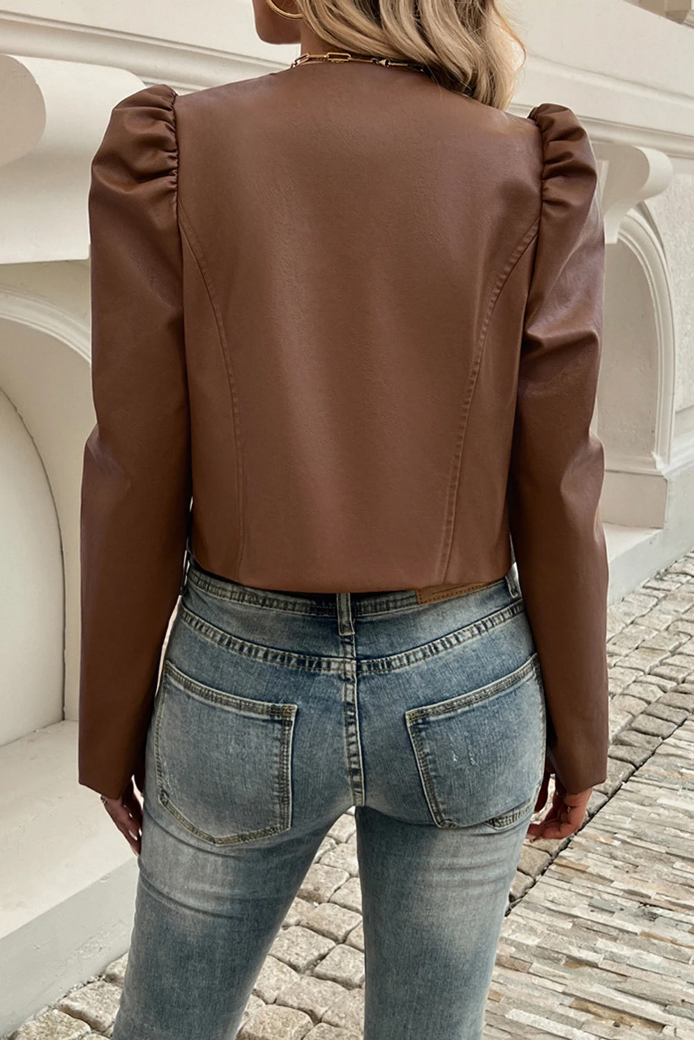 Dear-Lover Casual Camel Faux Gigot Sleeve Open Front Leather Jacket Women