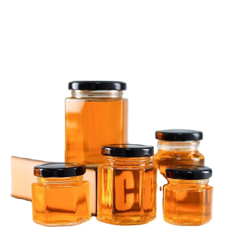 Wholesale Jam Honey Container Cream Jar  45ml 60ml 85ml 100ml 180ml 280ml 380ml Canning Caviar Food Storage Hexagon Glass Jar