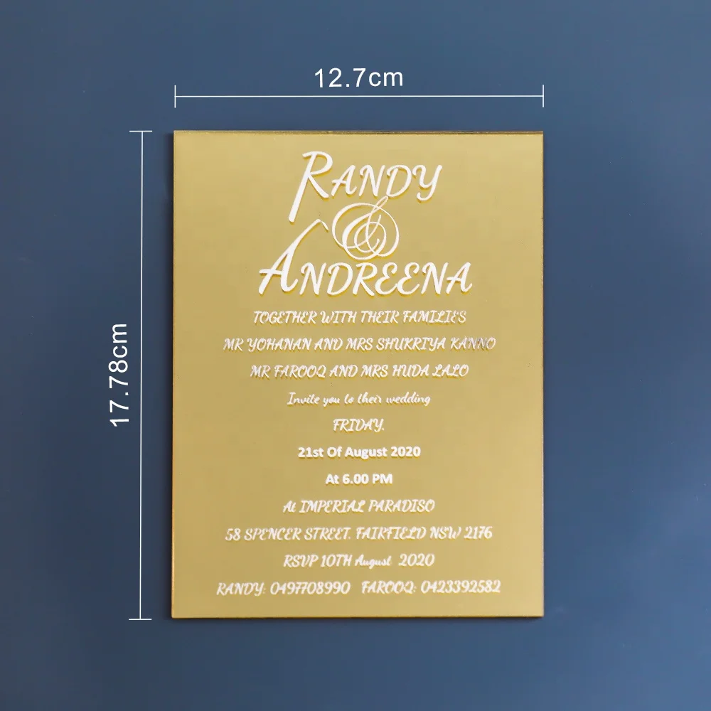 Manufacturer High Grade Clear Gold Mirror Yellow Marriage Wedding Invitation Card In Acrylic