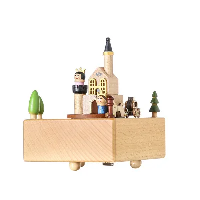 
Castle design Custom wind up music box song Engraved hand crank wooden music box for girlfriend gift 