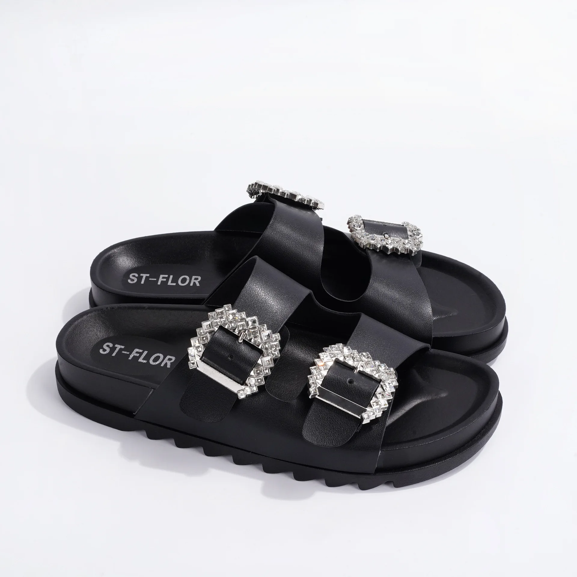2024 fashion simple rhinestone double buckle non-slip flat slide slippers woman shoes outdoor