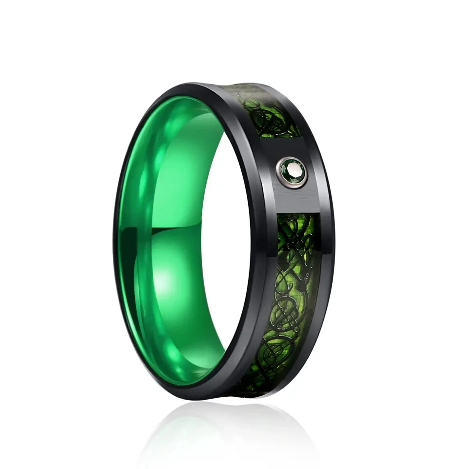 Fashion Men 8mm Black Tungsten Wedding Celtic Dragon Ring Inlaid Green Zircon Punk Men Stainless Steel Green Carbon Fibre Ring
