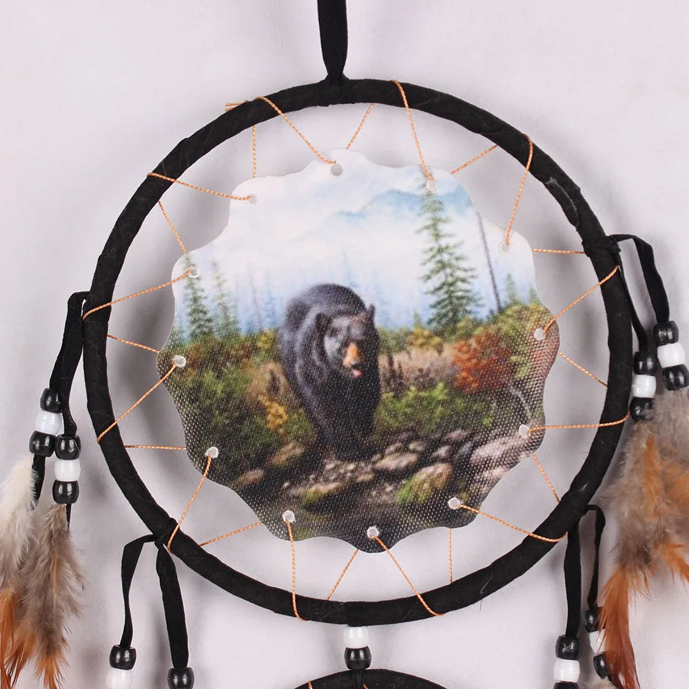 Wolf Printed Unisex Photo Frame Dream  Catcher 16 CM Double Rings For Wall Hanging With Natural Rooster Feather Home Decoration