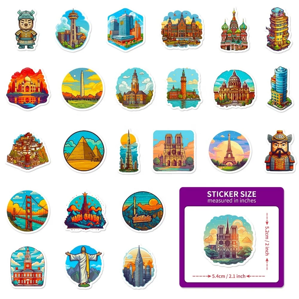 50 World Landmark Stickers, Architectural Landscapes, Creative Tourism, City Architecture Map Stickers from all over the world