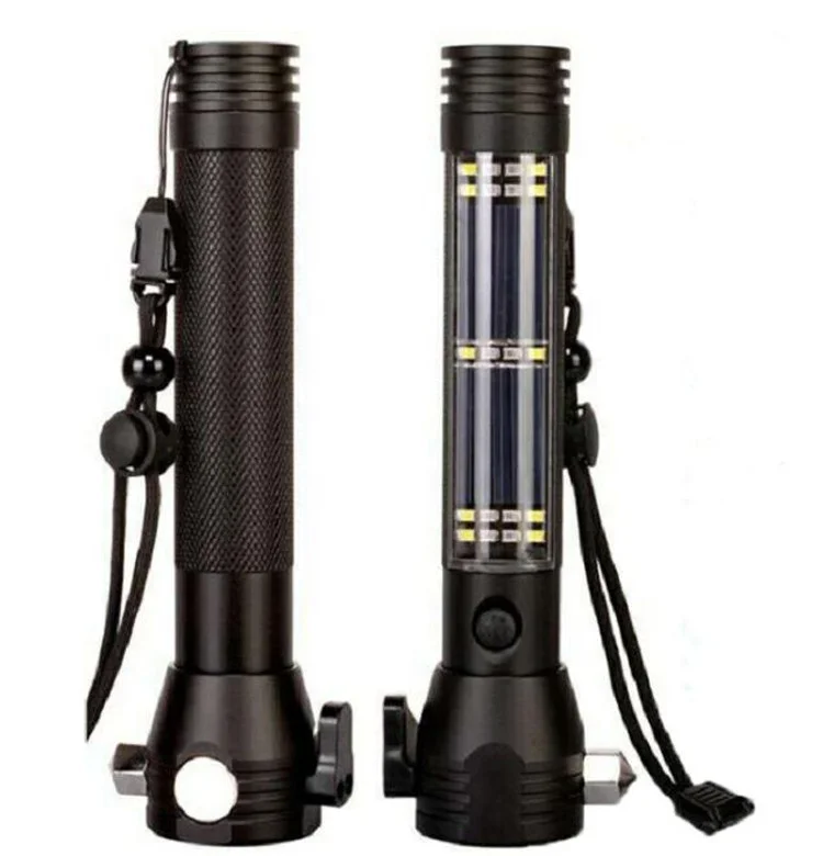 Compass Auto Car Window Breaker Hammer Emergency Tool Rechargeable Led Torch Safety Working Camping Solar Power Bank Flashlight