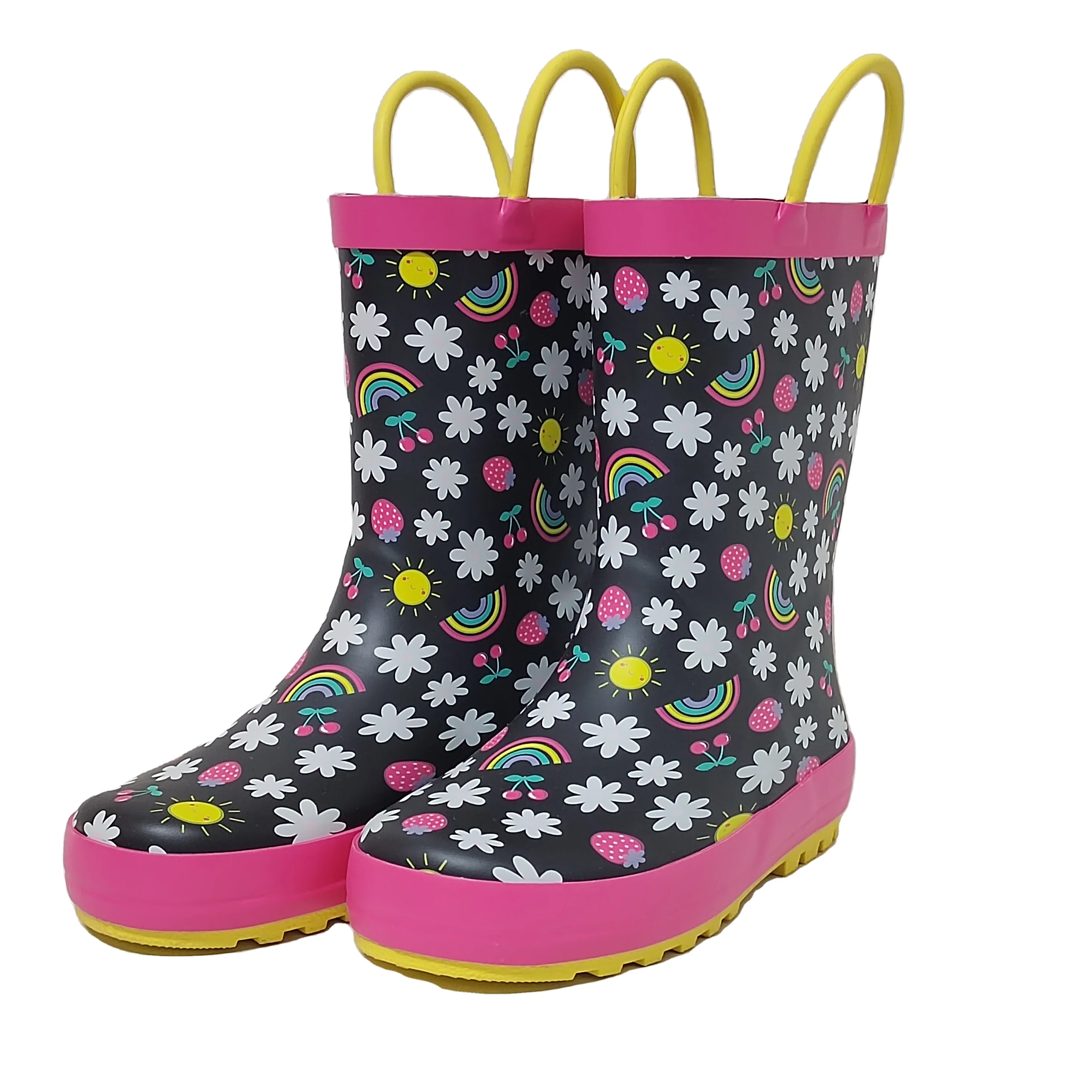 the latest design flower sun rainbow strawberries printed rubber rain boots for Children
