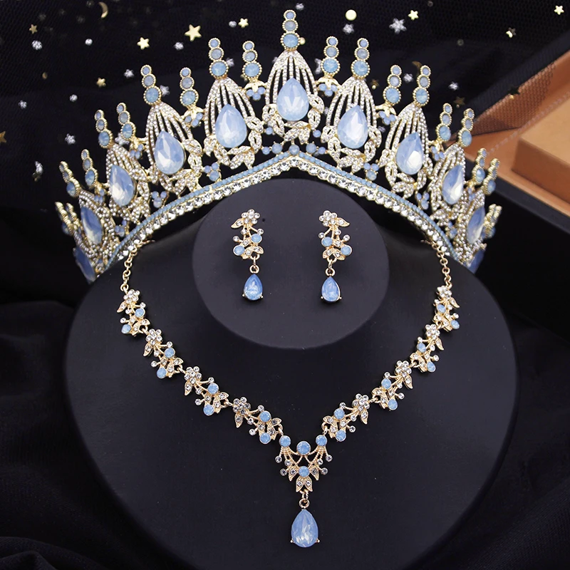 Romantic Blue Crown Wedding Bride Jewelry Sets Opal Necklace Earrings Tiara Sets
