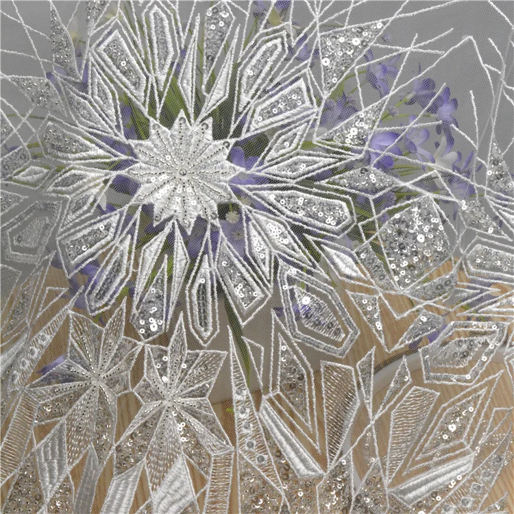 Customized High Quality Fashion Style Design Fancy Diamond Pattern Embroidery Lace Fabric With Sequin