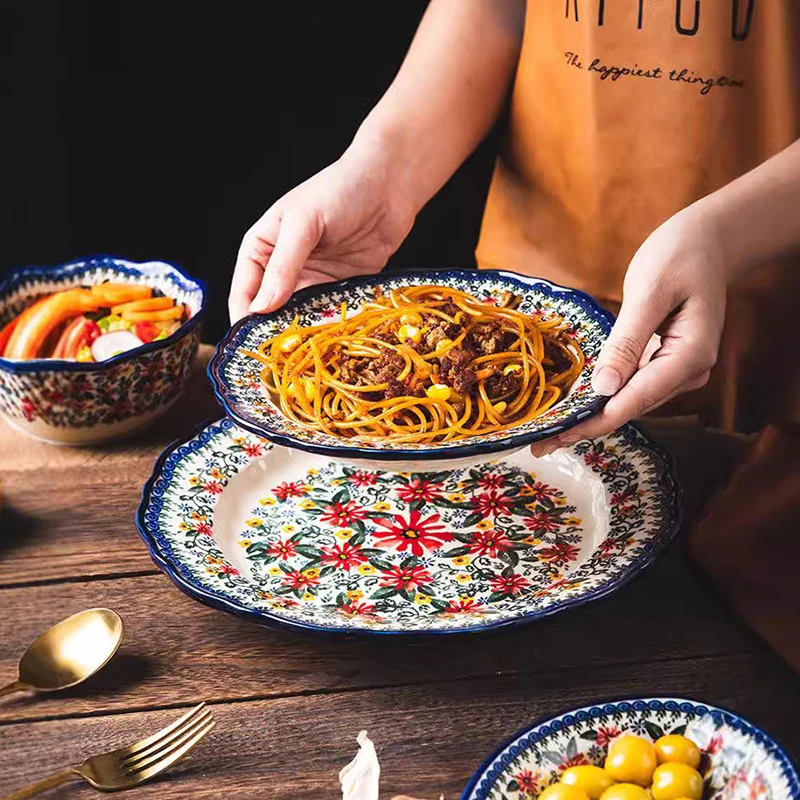 Ethnic Fancy Dubai Plates Sets Polish Style Retro Floral Salad Porcelain Bowl Dishes Ceramic Dinnerware Set