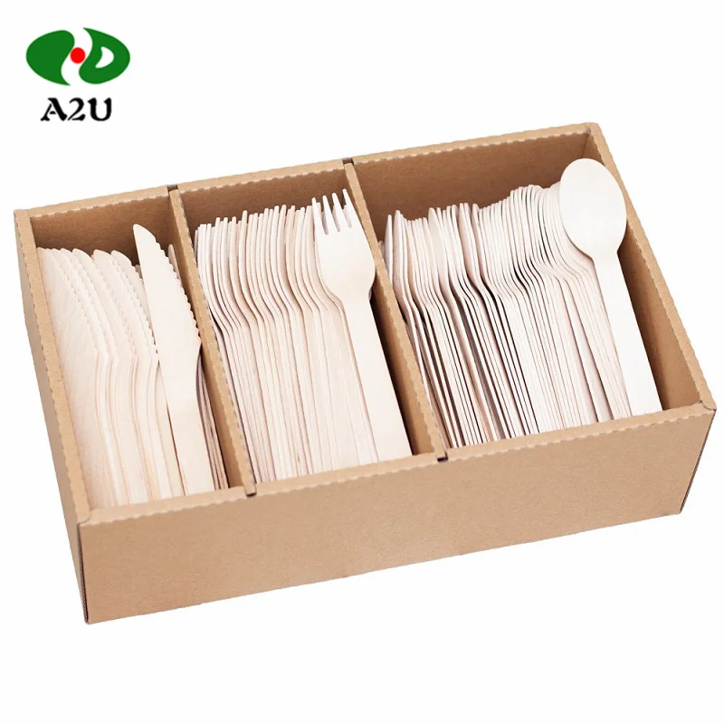 Custom Natural Disposable Wooden Forks Spoon Knife Set Cutlery For Camping Parties Weddings