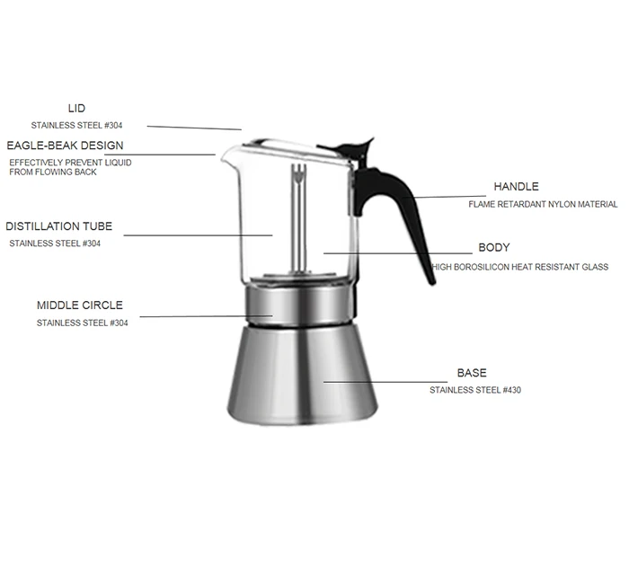 160ml/240ml/360ml Transparent Glass Cooking Moka Pot Hot Selling High Borosilicate Glass Espresso Moka Pot