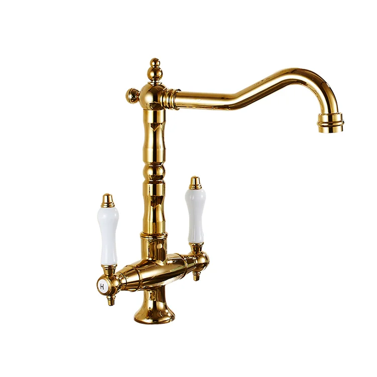 China Factory Dual Handle Gold Brass Kitchen Faucet Sink Water Mixer Tap