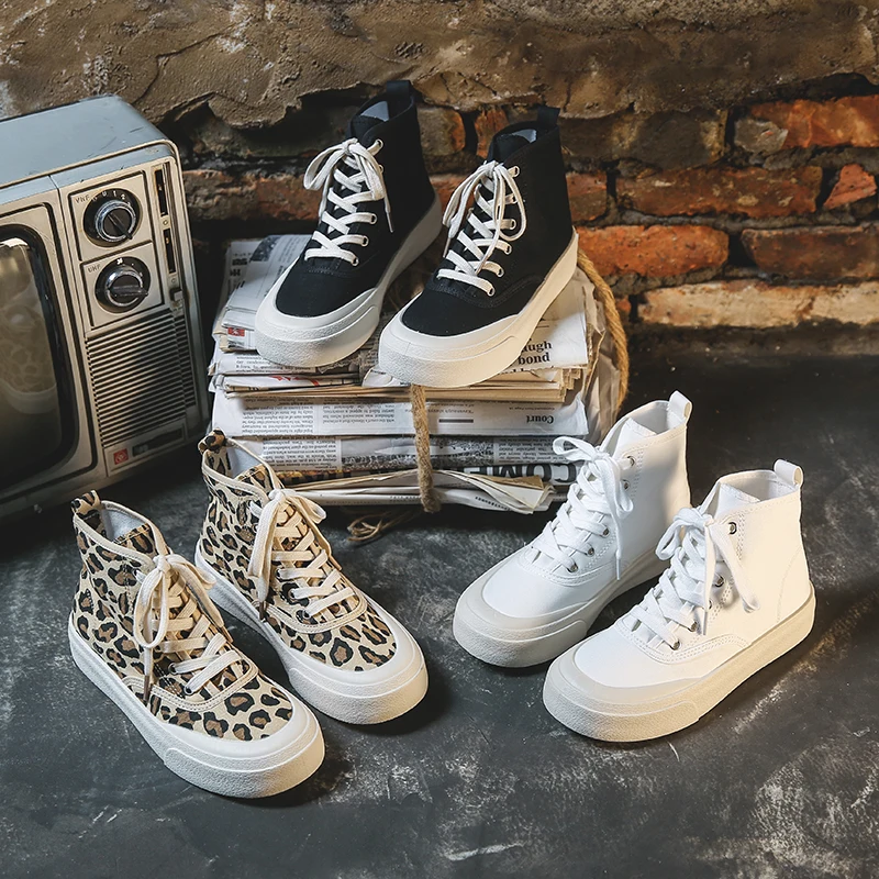 
2021 fashion sneakers leopard print casual canvas flat women shoes high top for girls women 
