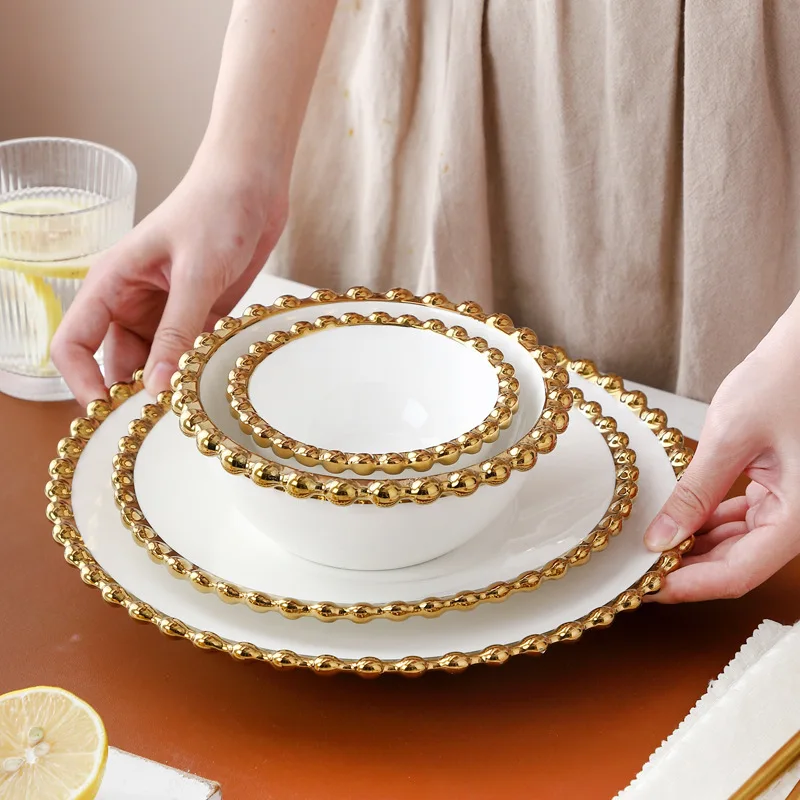 Creative White Porcelain Plate and Bowl Dishes Set with Gold Beads Edge New Modern Dinnerware for Wedding Decor