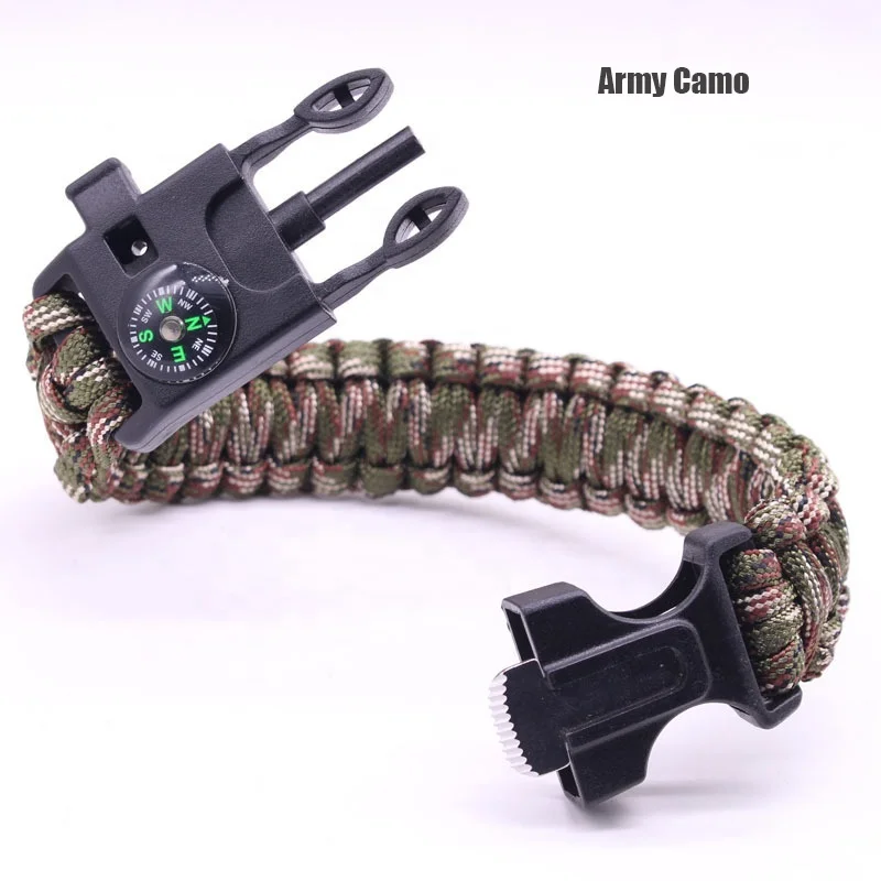 5 IN 1 Parachute Cord Camping Hand Band Flint Knife Compass Tactical Survival Fire Starter Survival Paracord woven Bracelet