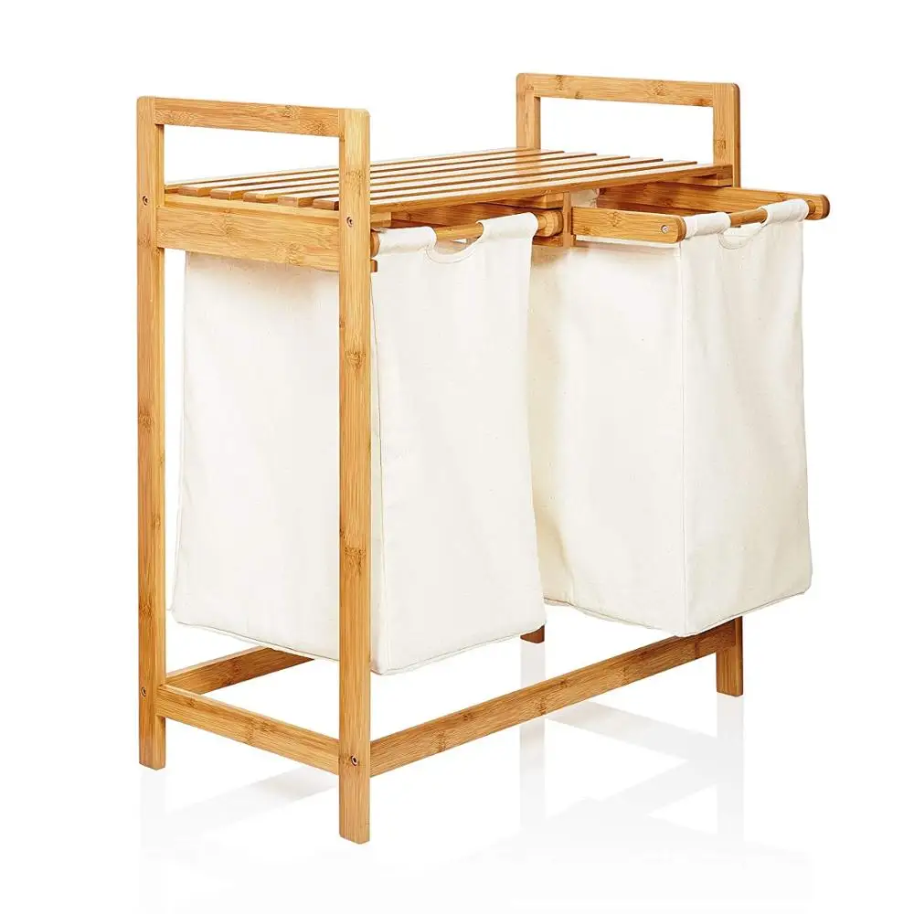 Двойная корзина для белья из бамбука сортировки полка хранения в ванной комнате с