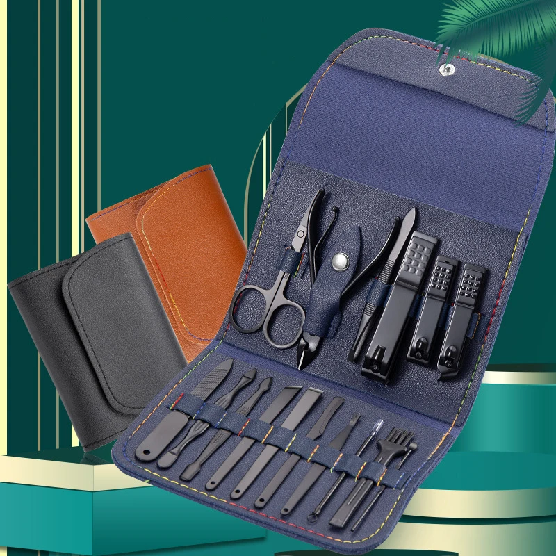 Professional 12pcs Manicure & Pedicure Set Black Stainless Steel Portable Nail Care Professional Full Set