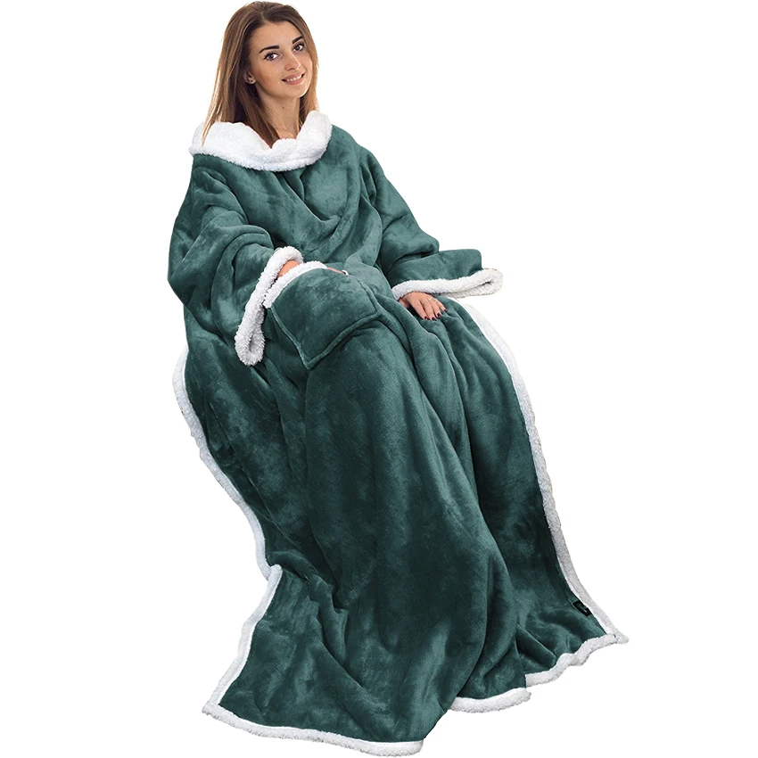 Thick Winter Warm Fleece Sweat Unisex TV Blanket Giant pocket Oversize Sweatshirts Snuggie Hoodie blanket with Sleeve