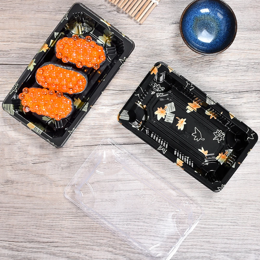 Sunzza fast shipment sakura clear sushi tray party tray food take out to go disposable box plastic sushi container with lid