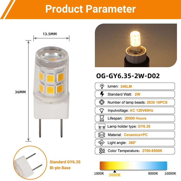 Hot Selling Strobo-free High Brightness GY6.35 2W 120V Led Bulb China Factory Ceramic+Pc Material Mini Corn